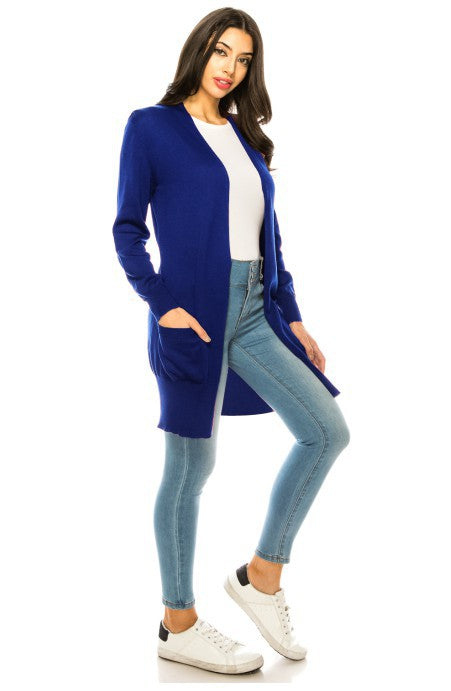 Solid Knit Long Cardigan Sweater with Pockets