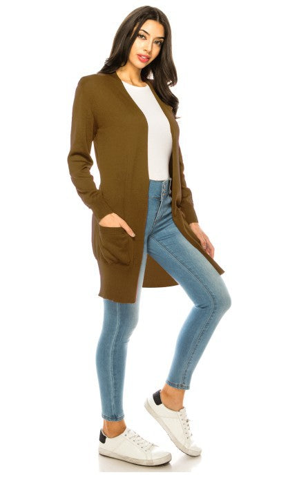 Solid Knit Long Cardigan Sweater with Pockets