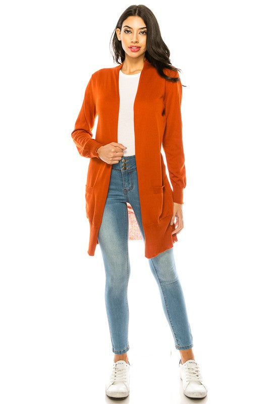 Solid Knit Long Cardigan Sweater with Pockets