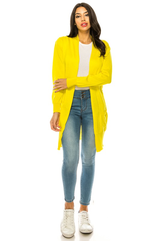 Solid Knit Long Cardigan Sweater with Pockets