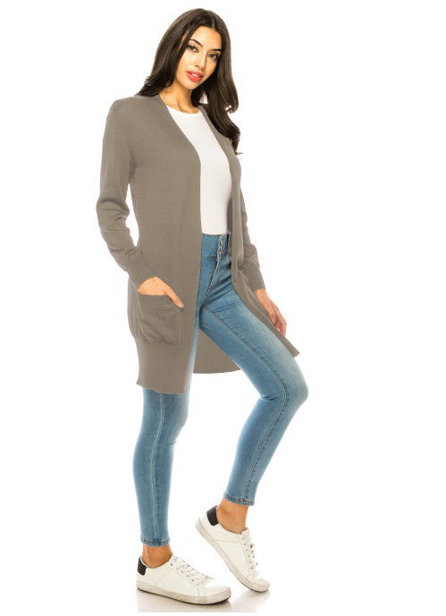 Solid Knit Long Cardigan Sweater with Pockets