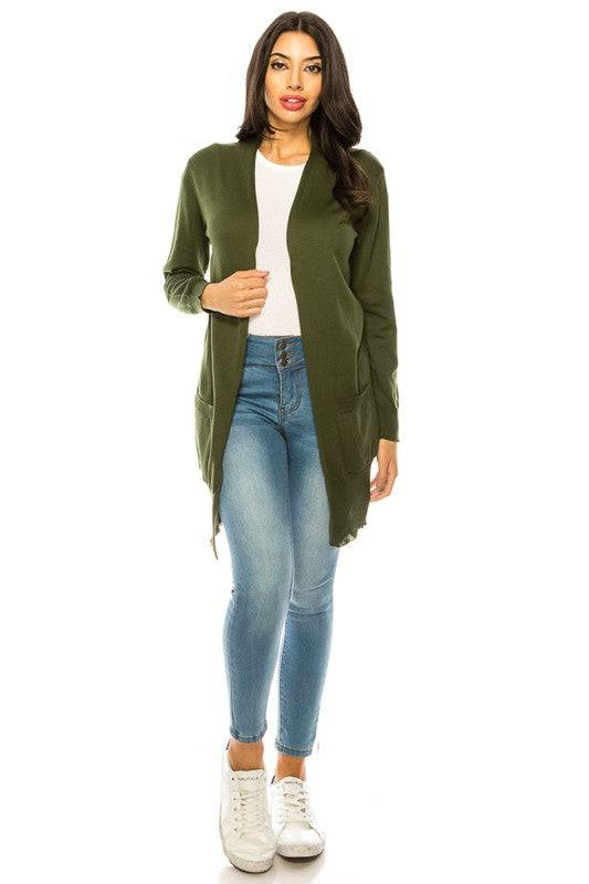 Solid Knit Long Cardigan Sweater with Pockets