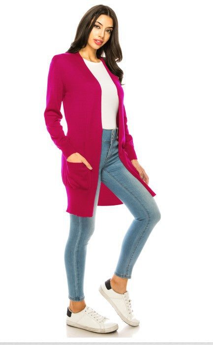 Solid Knit Long Cardigan Sweater with Pockets