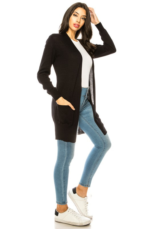 Solid Knit Long Cardigan Sweater with Pockets