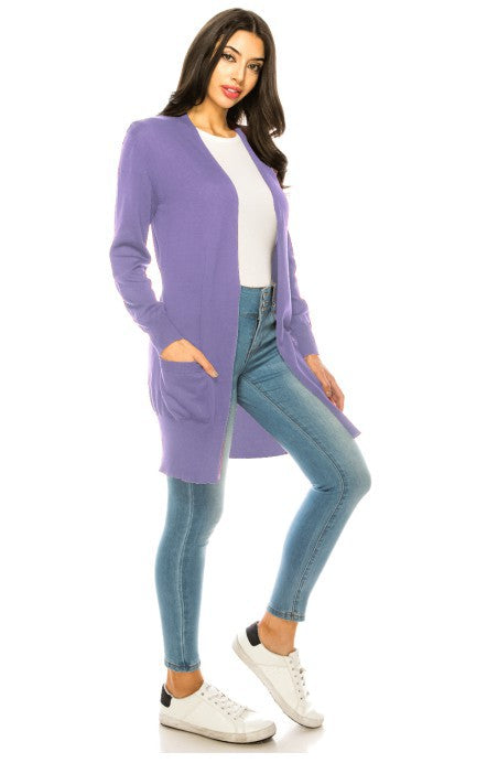 Solid Knit Long Cardigan Sweater with Pockets