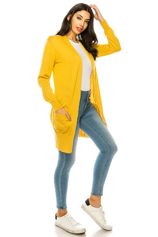 Solid Knit Long Cardigan Sweater with Pockets