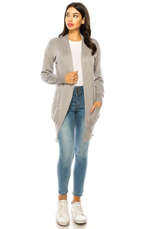 Solid Knit Long Cardigan Sweater with Pockets