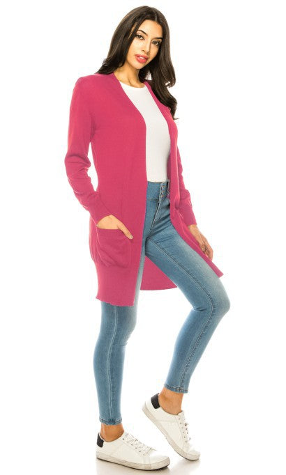 Solid Knit Long Cardigan Sweater with Pockets