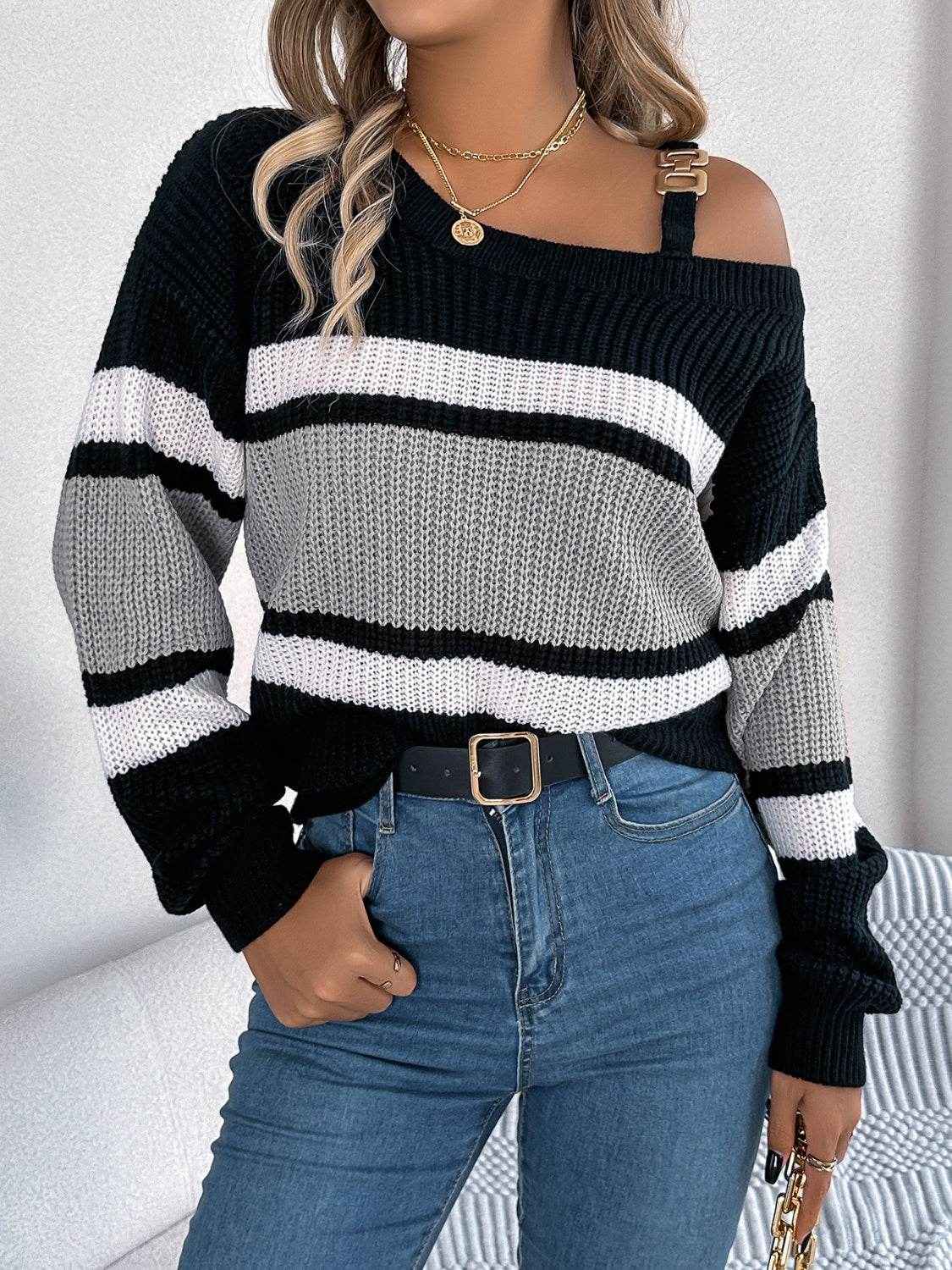 Color Block Asymmetrical Neck Long Sleeve Sweater