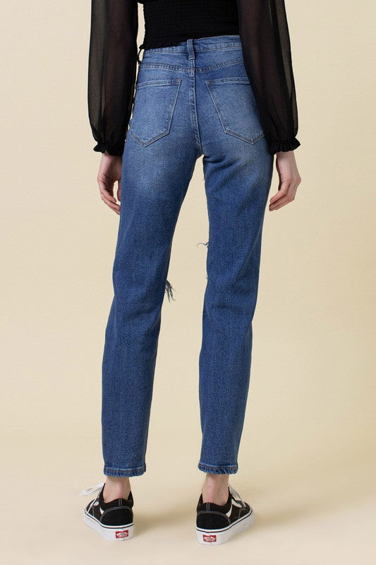 High Rise Edgy Distressed Mom Jean