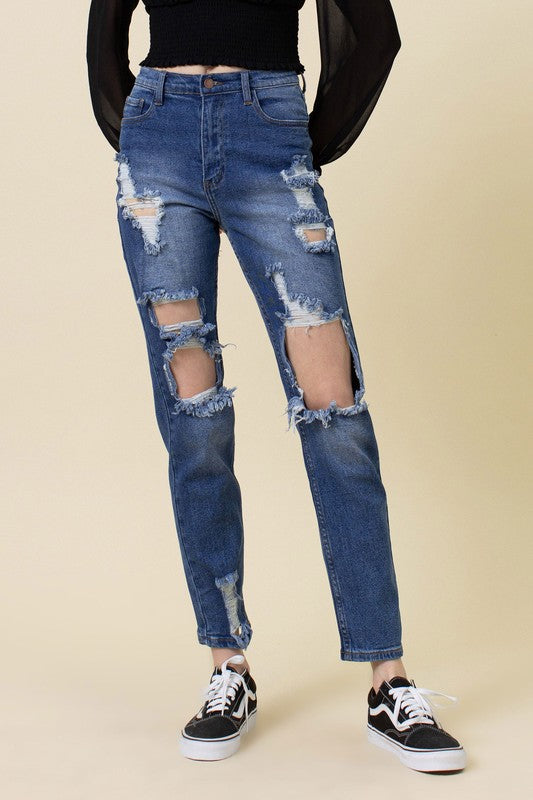 High Rise Edgy Distressed Mom Jean