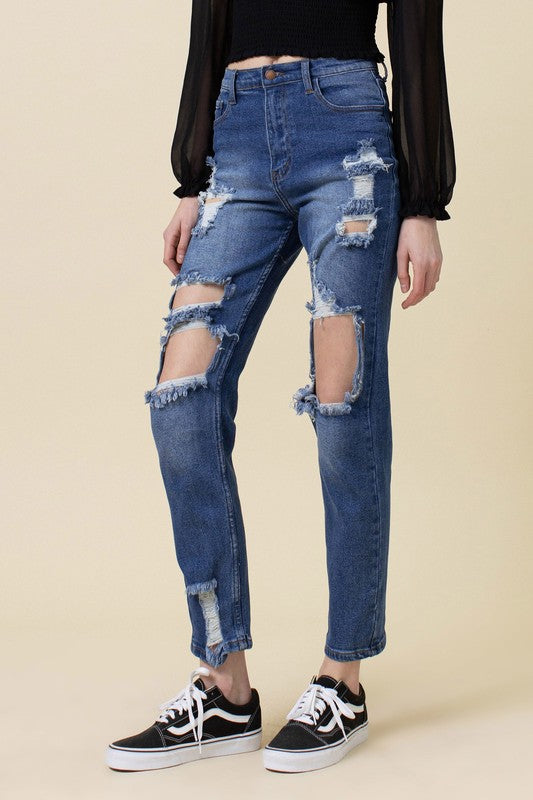High Rise Edgy Distressed Mom Jean