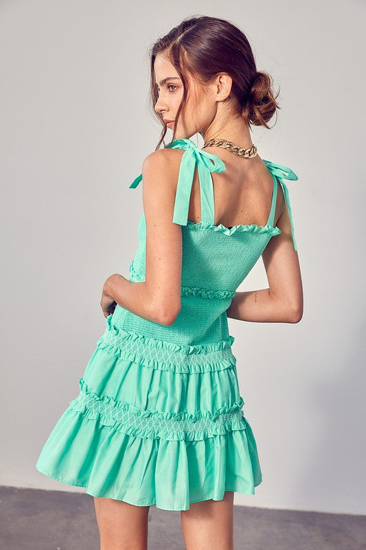 Smocked Tiered Embroidered Mini Dress