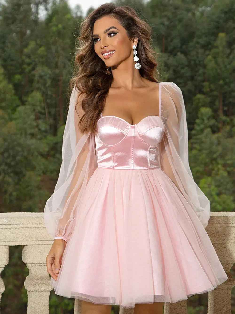 Blush Pink Mini Dress - Sweetheart Neck Balloon Sleeve