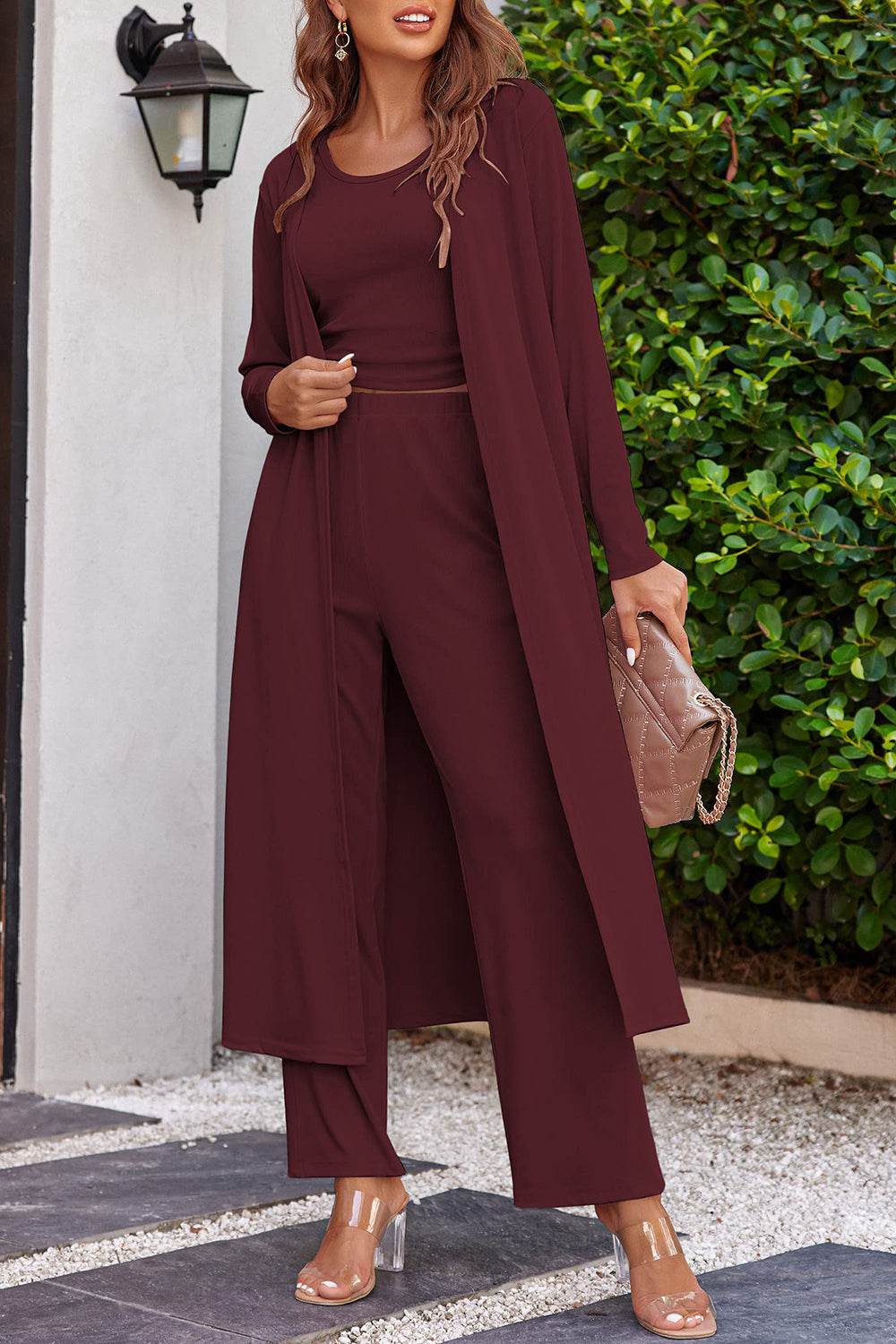 Drawstring Tank - Long Sleeve Cover Up and Pants Set - Fashions Envy