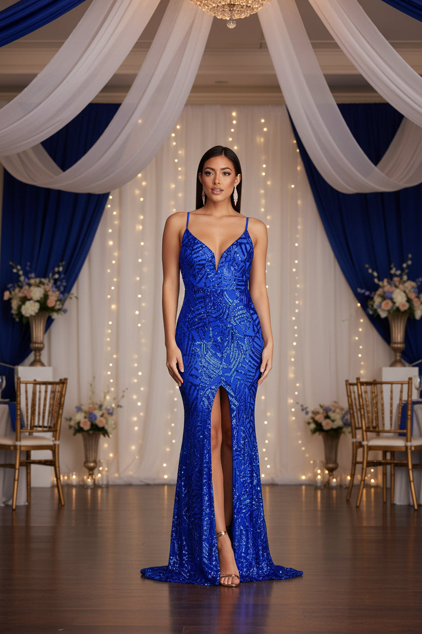 Spaghetti Strap Sequin Prom Gown - Deep V Maxi Slit Dress