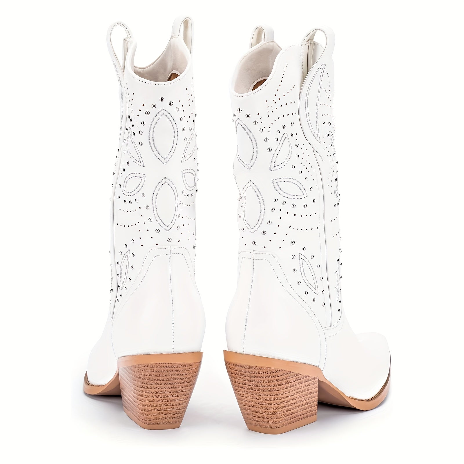 Slip-On Mid-Calf Western Cowgirl Boots with Embroidery & Studded Rivets
