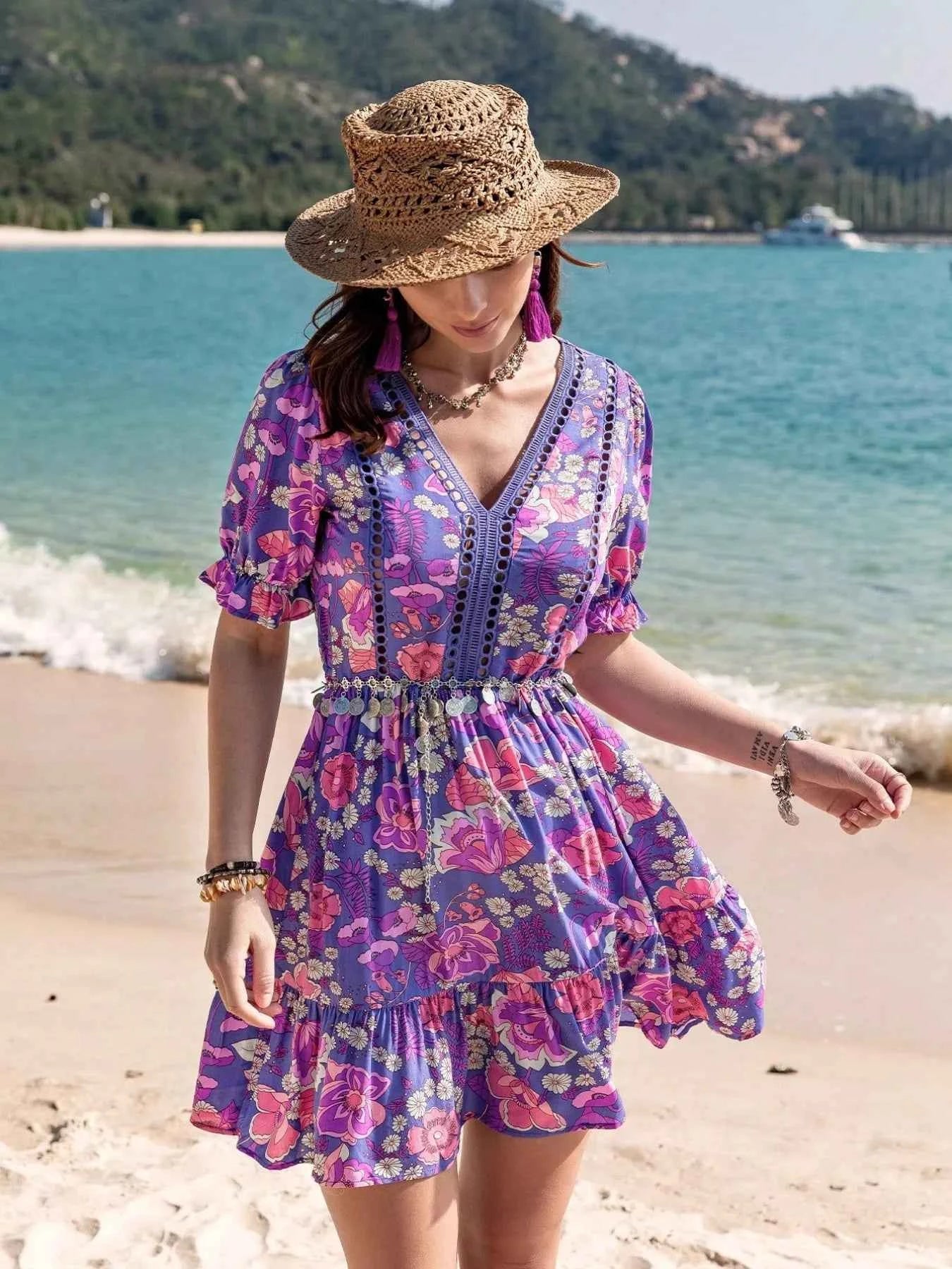 Floral Print V-Neck Mini Dress