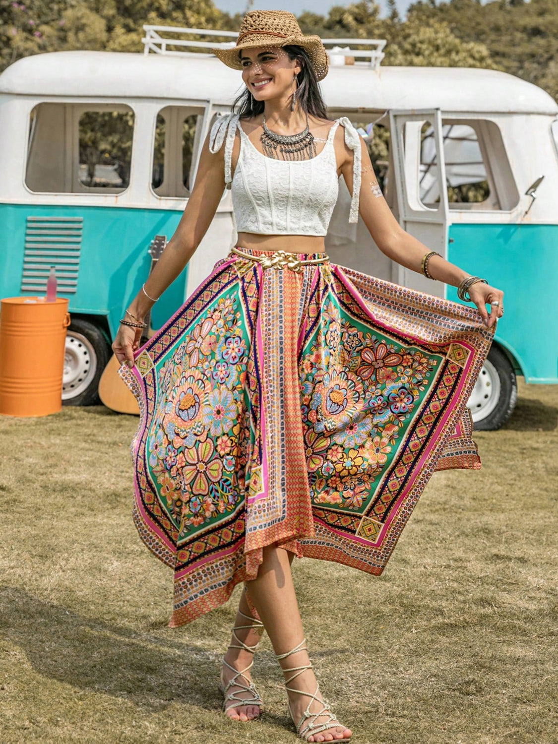 Printed High Waist Handkerchief Hem Skirt - Fashions Envy