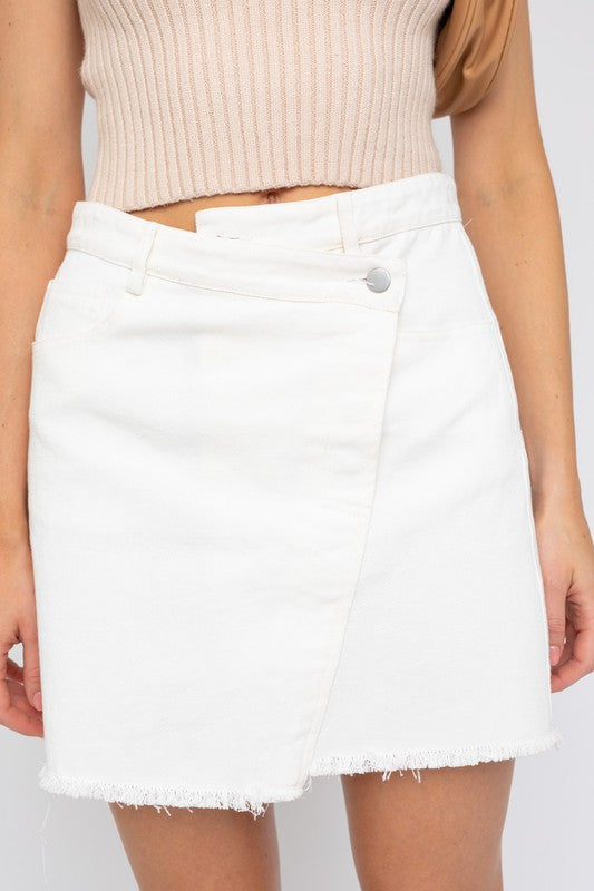 White Fringe Hem Denim Mini Skirt