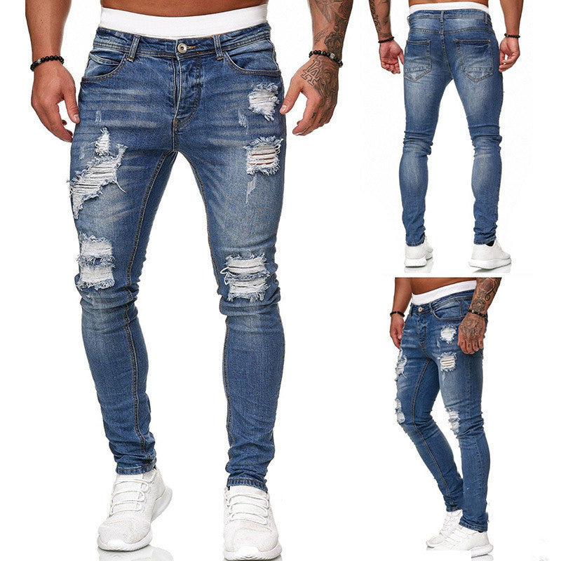 Ripped Skinny Jeans Men - Vintage Wash Denim Pants