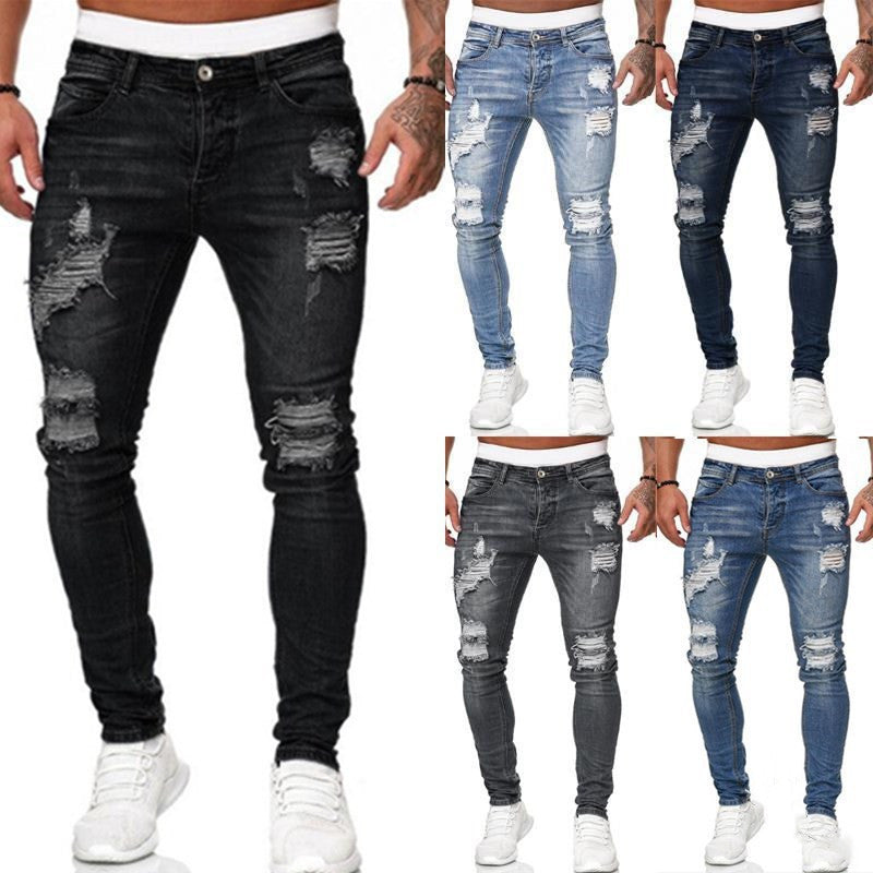 Ripped Skinny Jeans Men - Vintage Wash Denim Pants