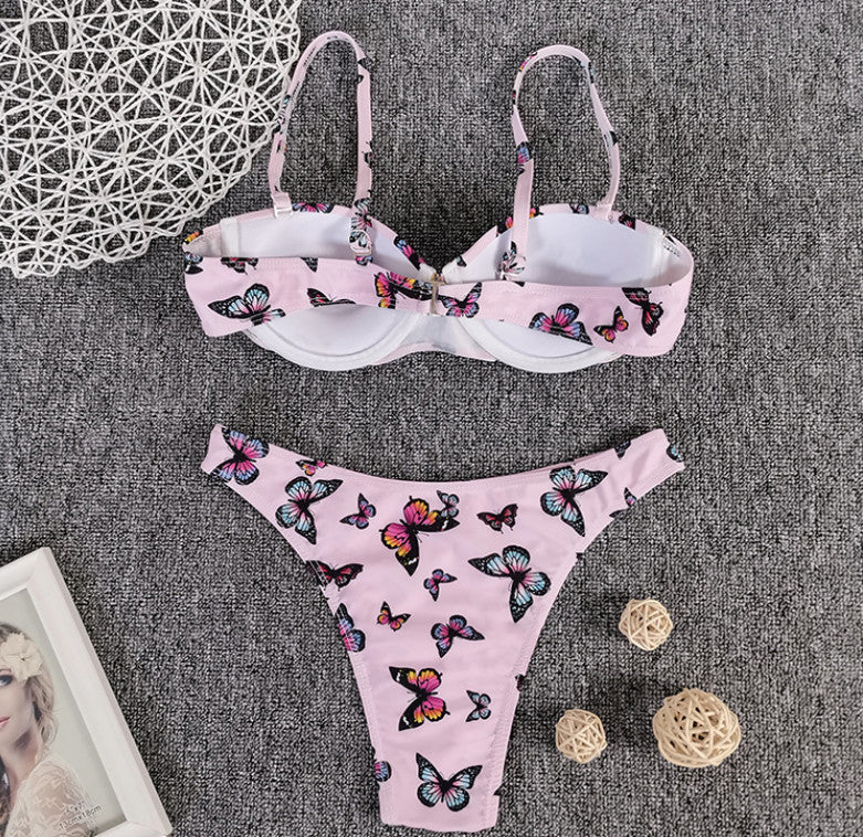 V-Cut Butterfly Print Bikini - Halter Swimsuit Set