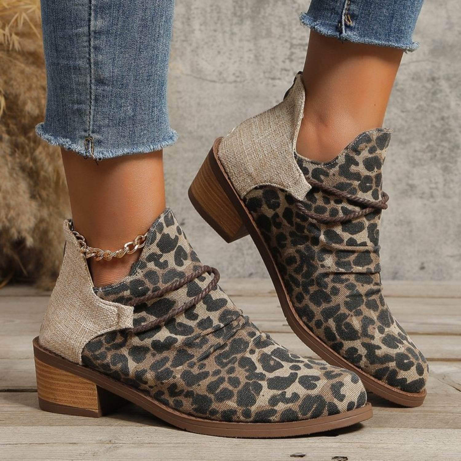 Contrast Canvas Low Heel Boots - Fashions Envy