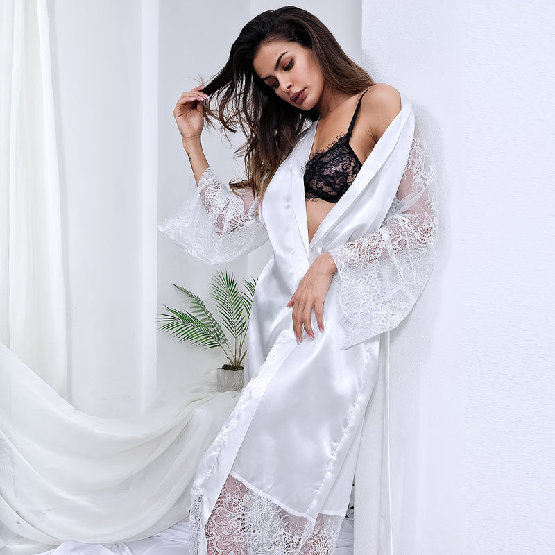 Lace Nightdress Robe - Full Length Tie Sexy Sleepwear