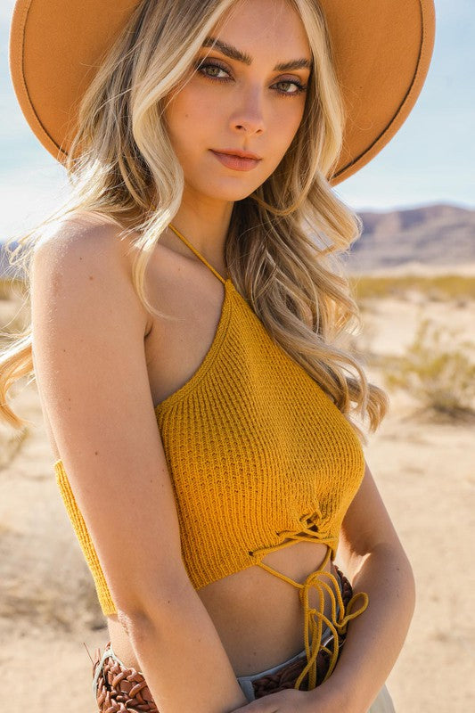 Cropped Lace-Up Halter Knit Bralette