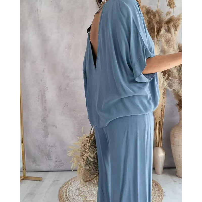 Two-Piece Lounge Set - V-Neck Top & Wide Leg Pants