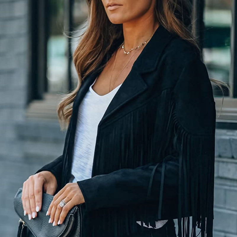 Women's Notched Collar Fringed Jacket - Faux Suede Tassel Motorcycle Cropped Jacket