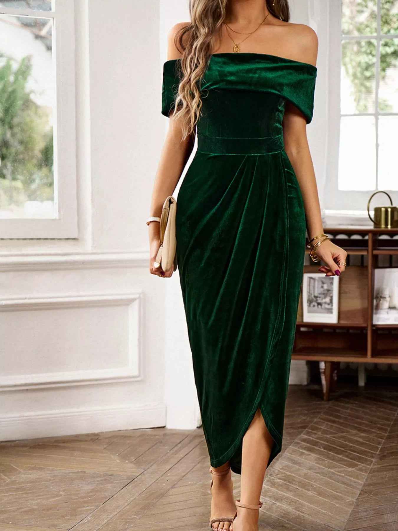 Velvet Off-Shoulder Midi Dress - Ruched Bodycon Slit - Fashions Envy