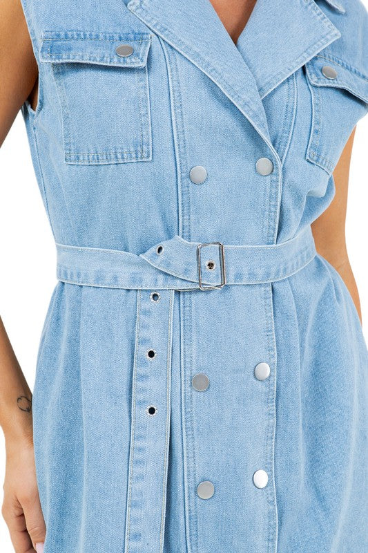 Front Snap Button Denim Vest Midi Dress