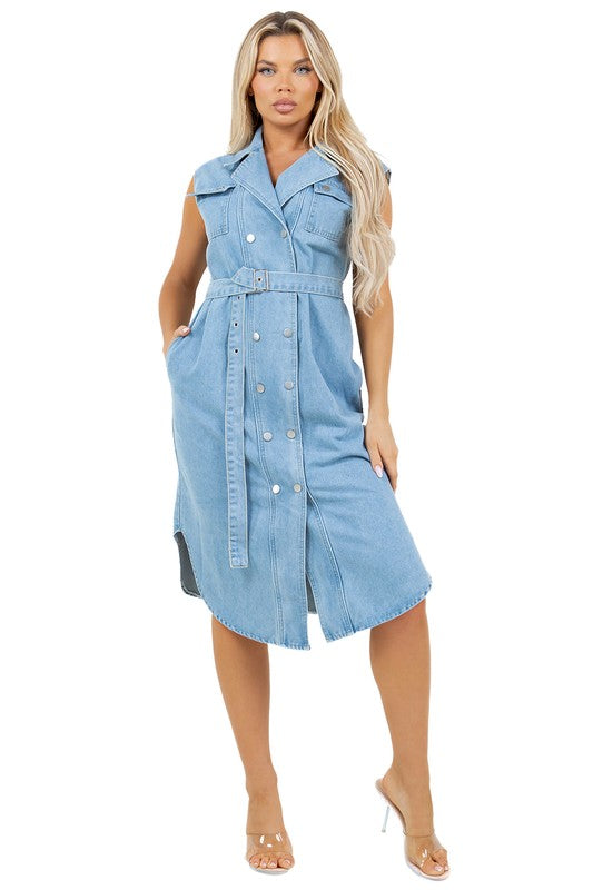 Front Snap Button Denim Vest Midi Dress