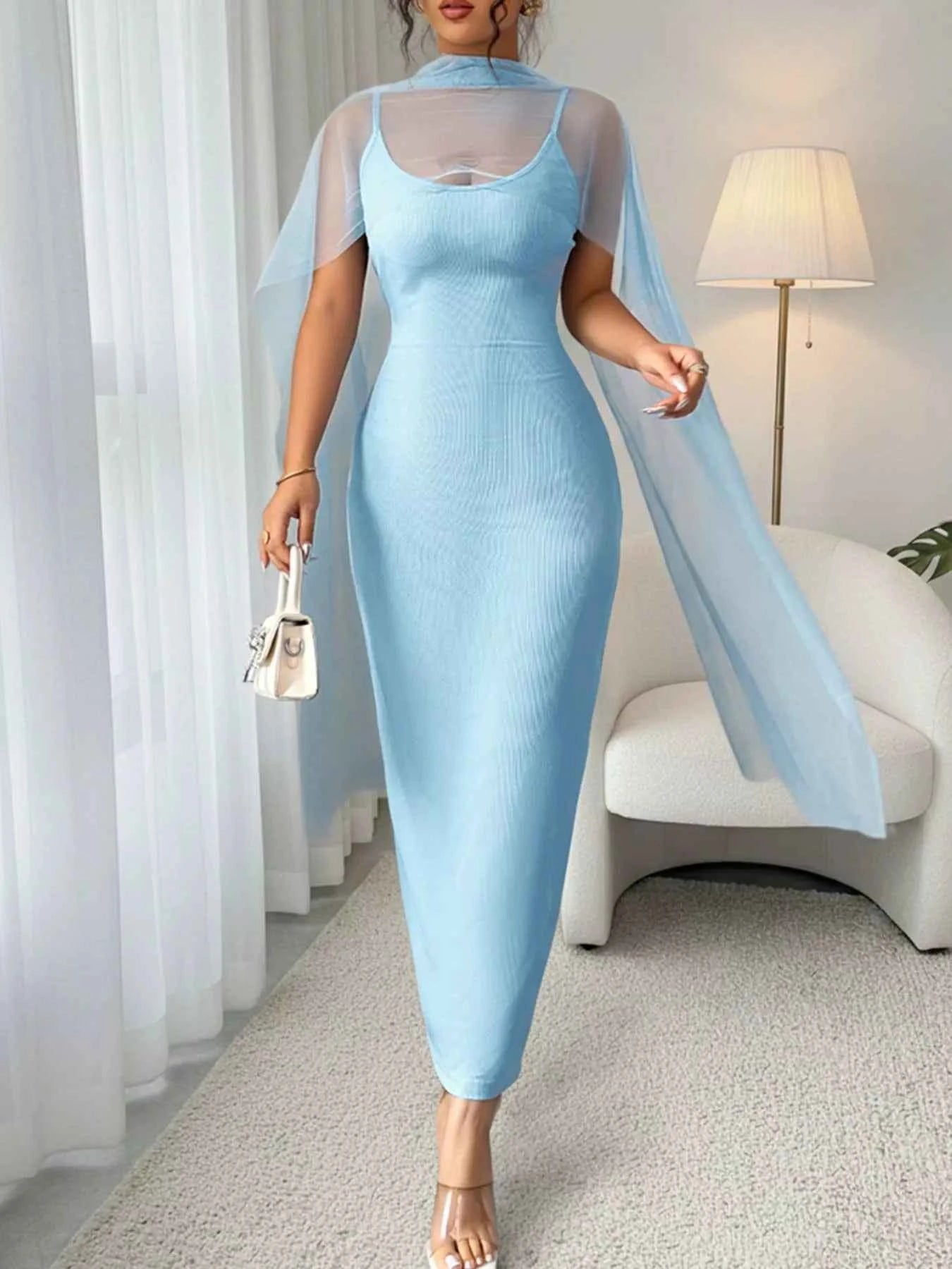 Ribbed Mesh Bodycon Maxi Dress - Blue Scoop Neck