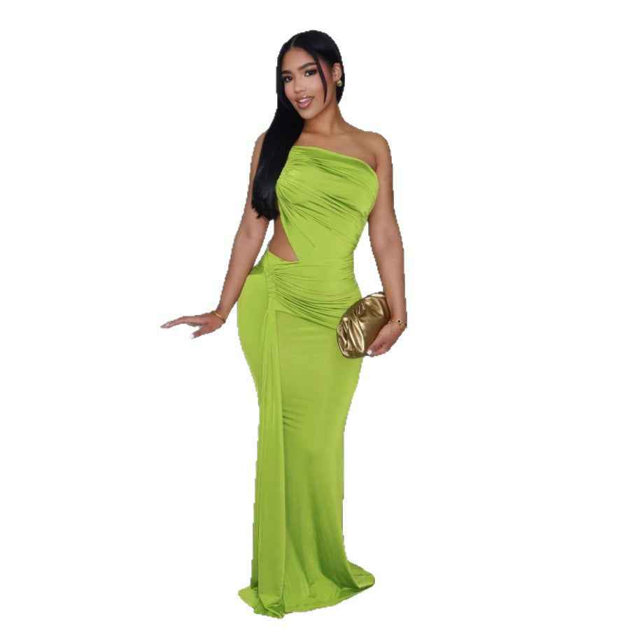 One Shoulder Cutout Maxi Dress - Pleated Bodycon Fit