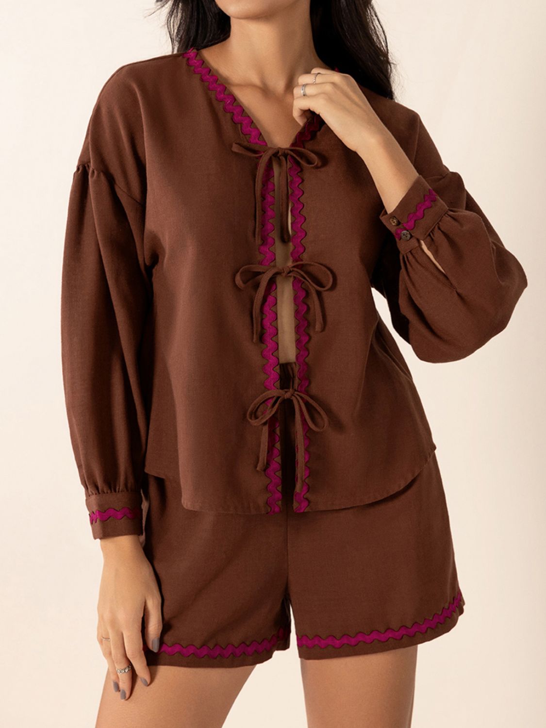 Brown Tied V-Neck Long Sleeve Top and Shorts Set