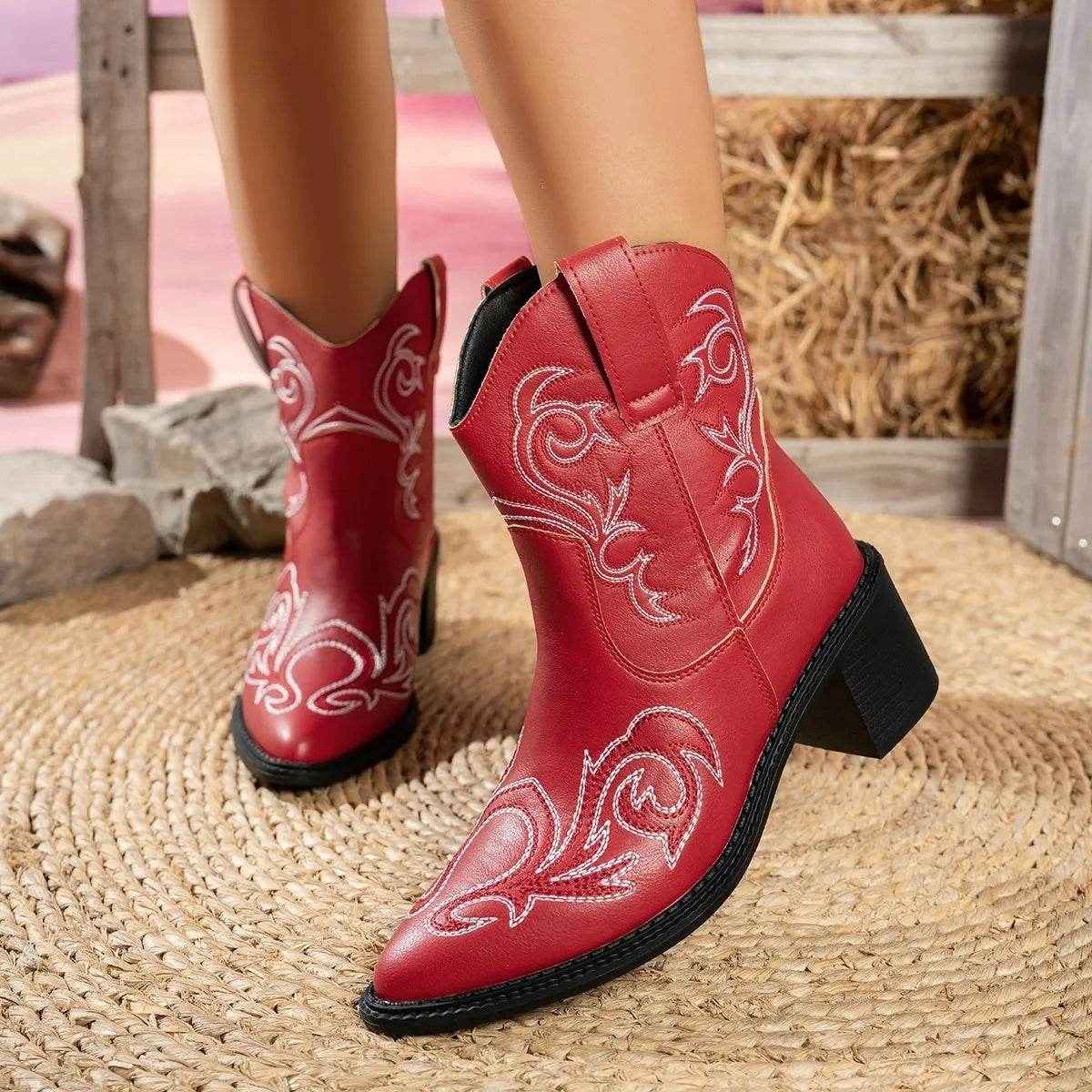 Point Toe Block Heels Boots - Mid Heel Ankle Boots - Fashions Envy