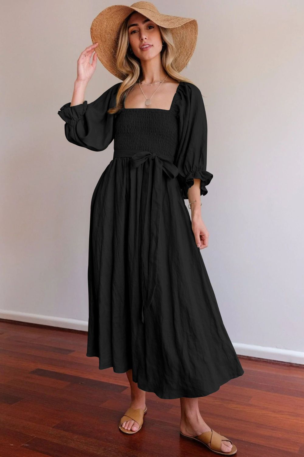 Smocked Square Neck Flounce Sleeve Midi Dress