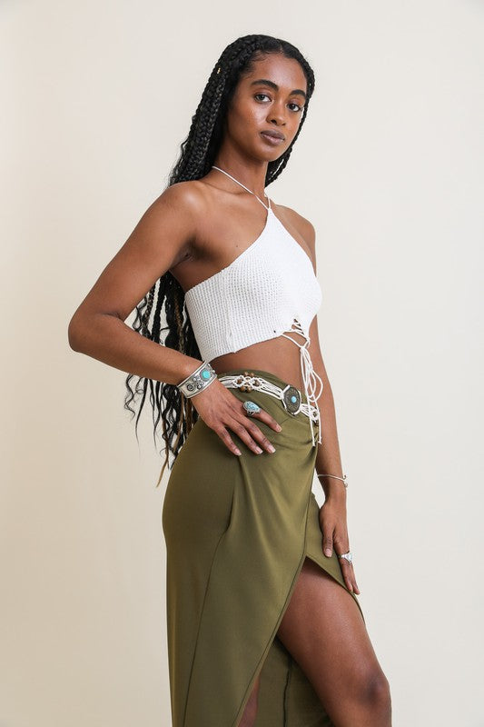 Cropped Lace-Up Halter Knit Bralette
