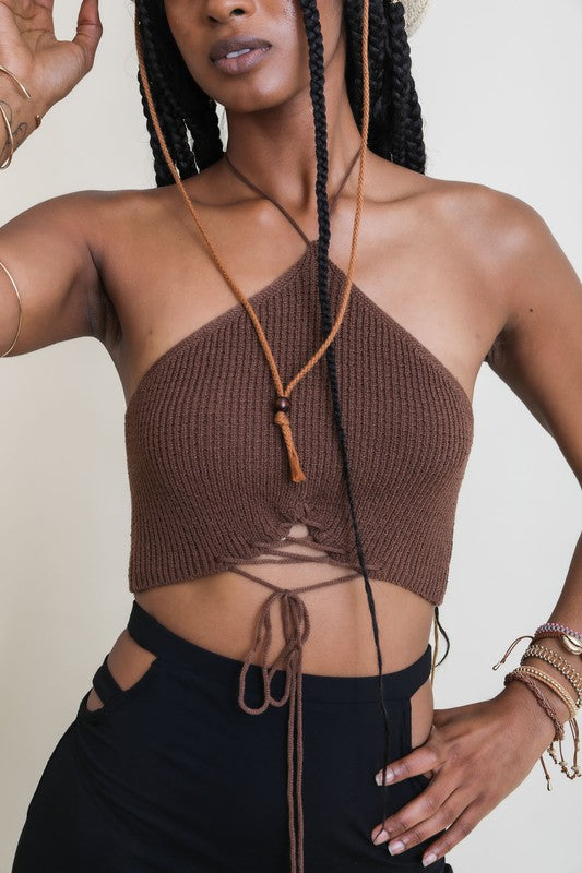 Cropped Lace-Up Halter Knit Bralette