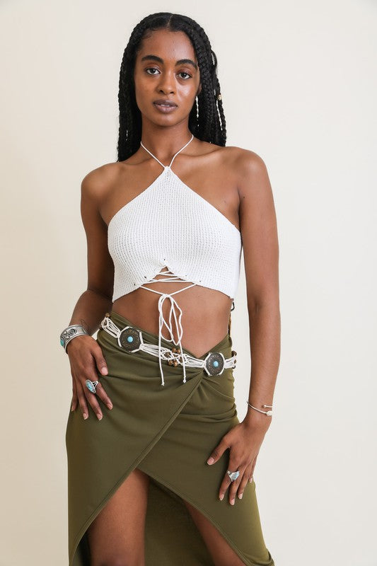 Cropped Lace-Up Halter Knit Bralette