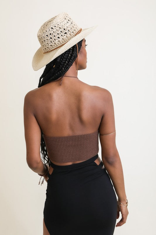 Cropped Lace-Up Halter Knit Bralette