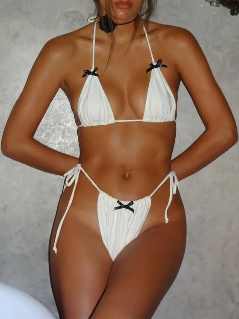 Bowknot Embellished Tie-Up Halter Neck Padded Bra Thong Bikini Swimsuit Set