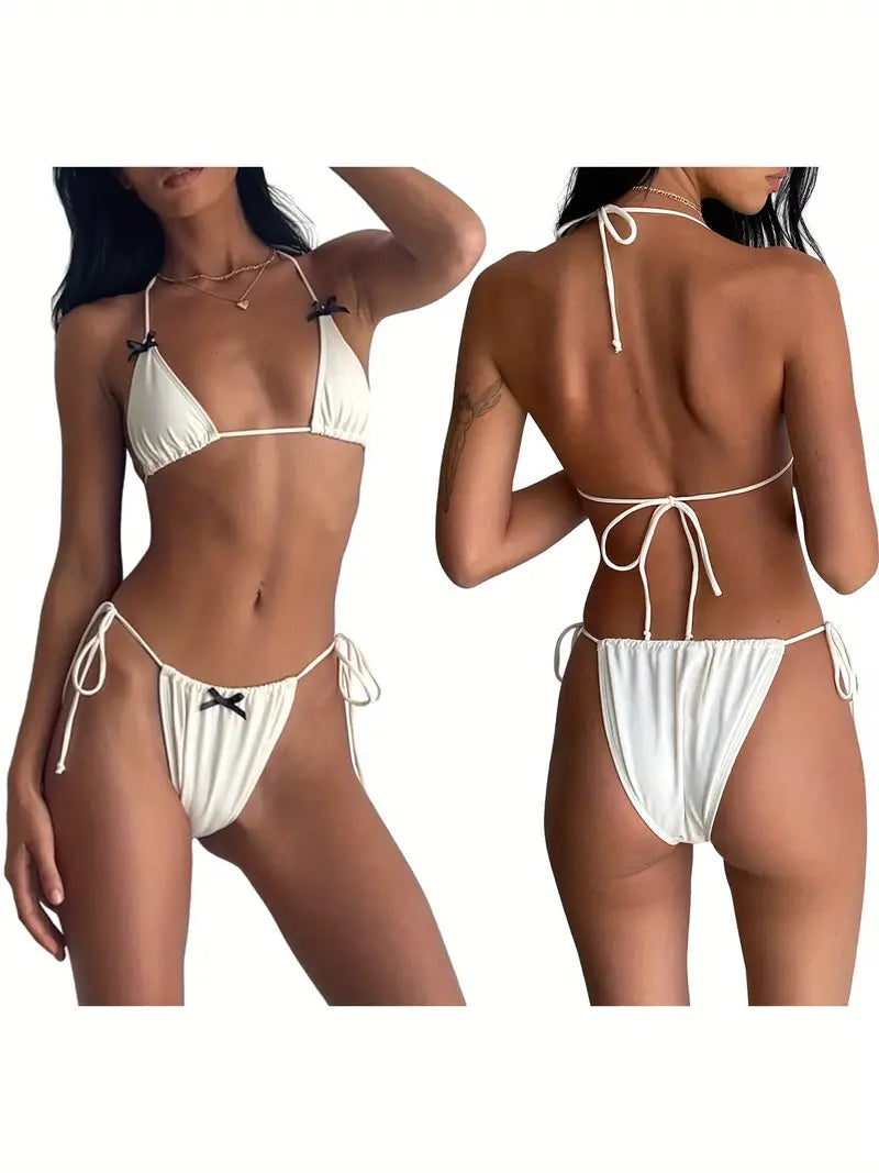 Bowknot Embellished Tie-Up Halter Neck Padded Bra Thong Bikini Swimsuit Set