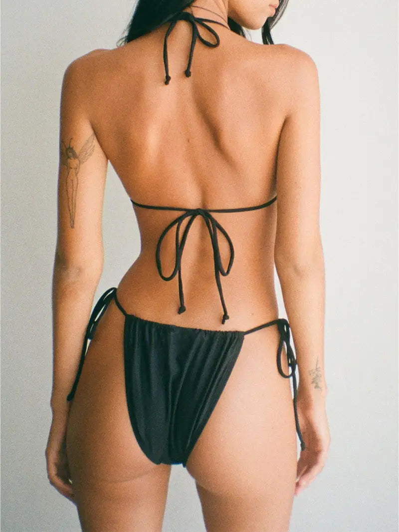 Bowknot Embellished Tie-Up Halter Neck Padded Bra Thong Bikini Swimsuit Set