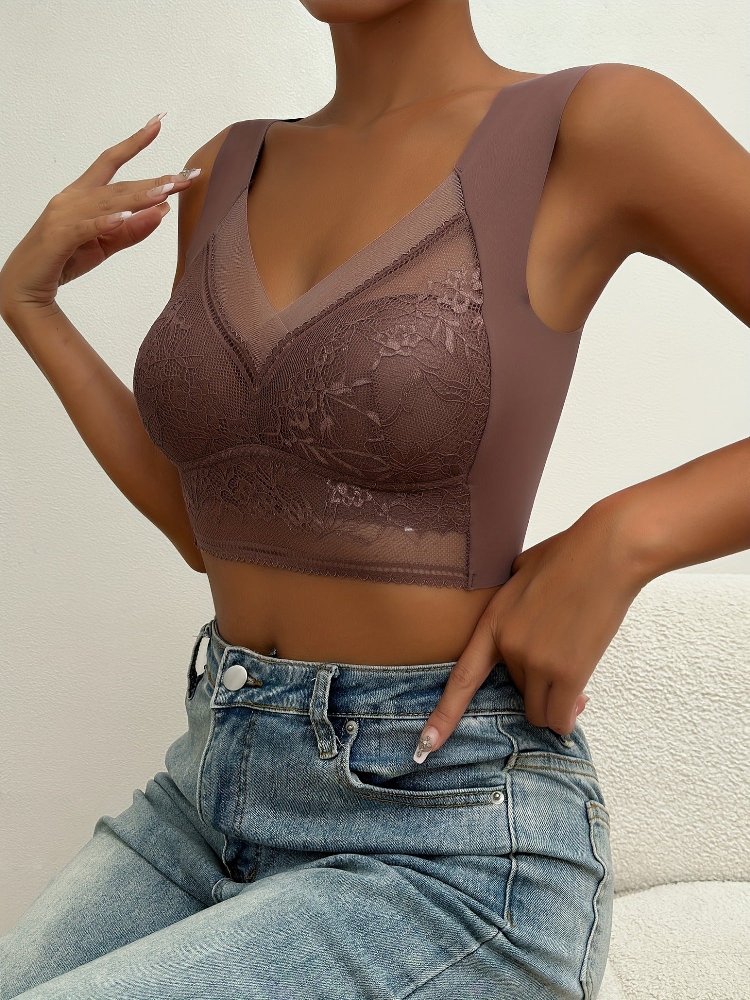 Comfy & Breathable Push Up Contrast Lace Wireless Bra - 5 pcs