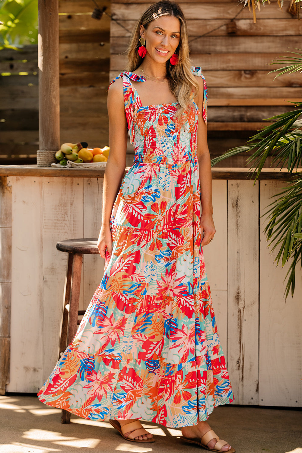 Smocked Ruffle Tiered Maxi Dress - Vibrant Tropical Print