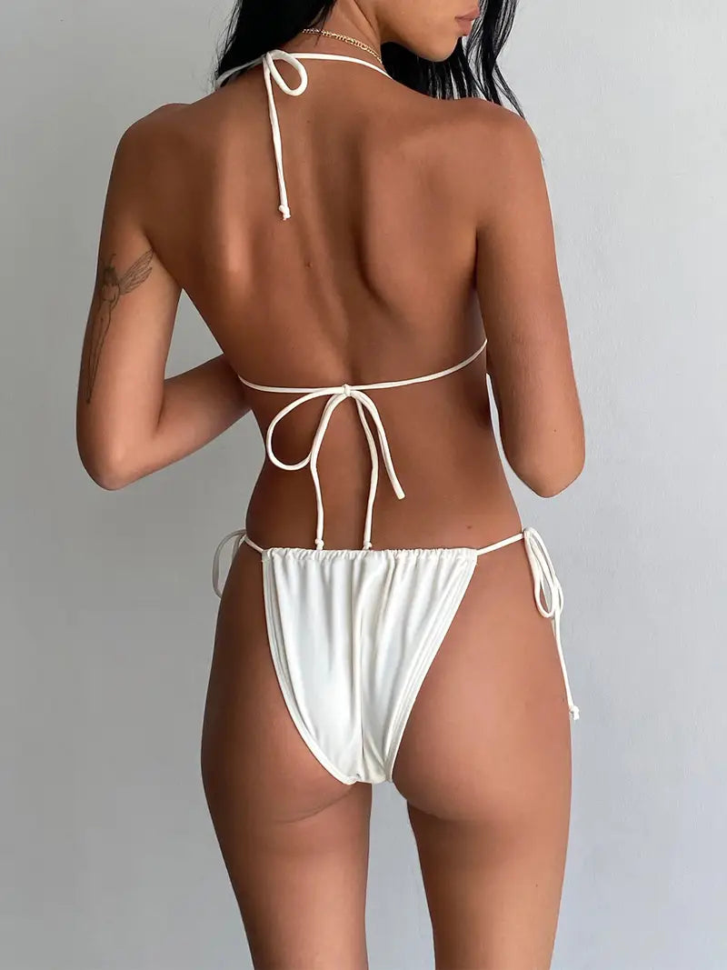 Bowknot Embellished Tie-Up Halter Neck Padded Bra Thong Bikini Swimsuit Set